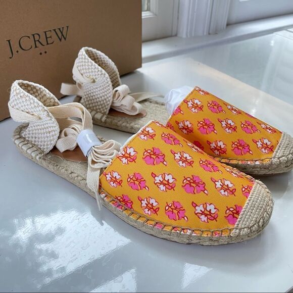J. CREW Printed canvas ankle-wrap espadrille sandals Pale Guava Block size 8 NEW - Picture 3 of 8